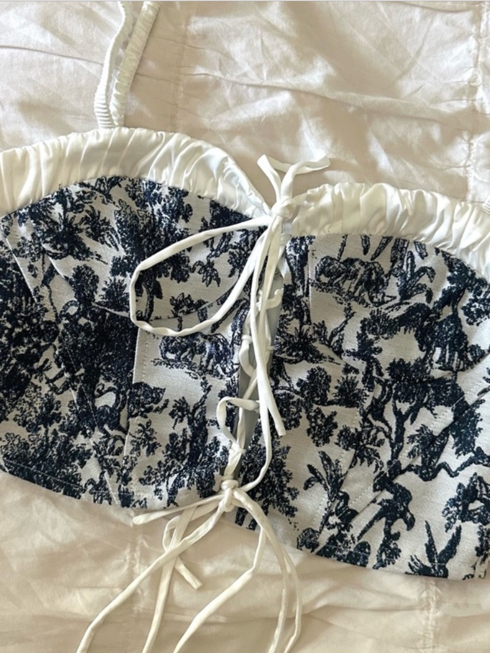 White & Blue Toile Lace-Up Crop Corset Top